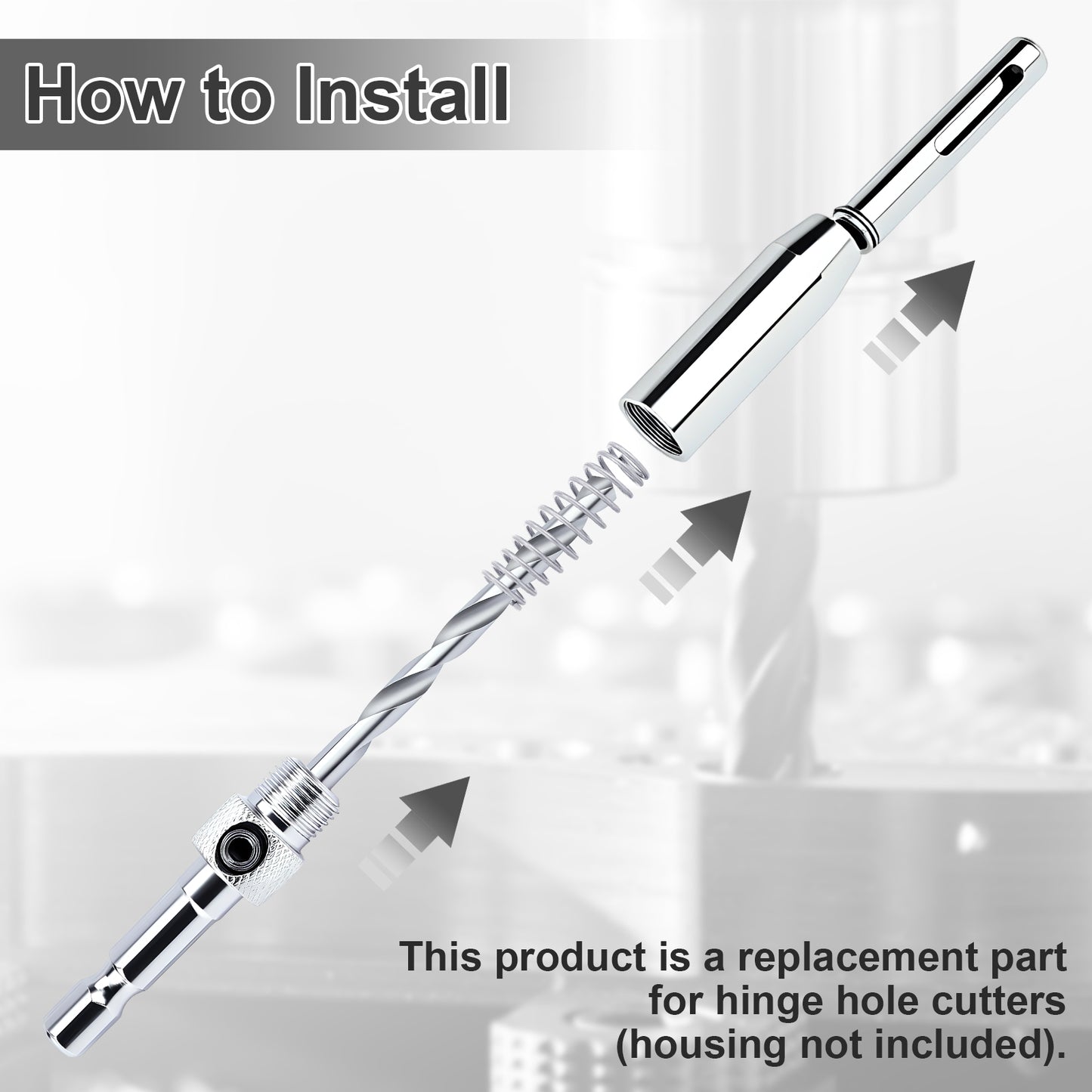 Chrome hinge hole cutter with text on how to install and product description.