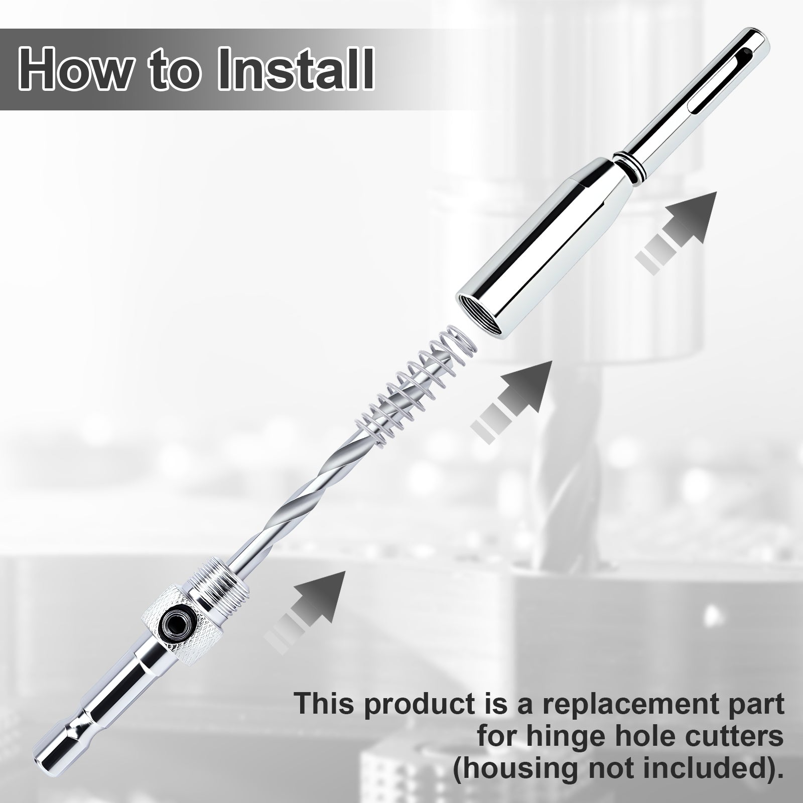 Chrome hinge hole cutter with text on how to install and product description.