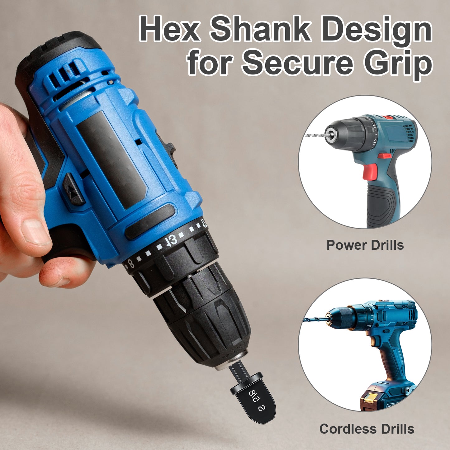 Blue power drill with hex shank design held by a hand, with insets showing different types of drills.