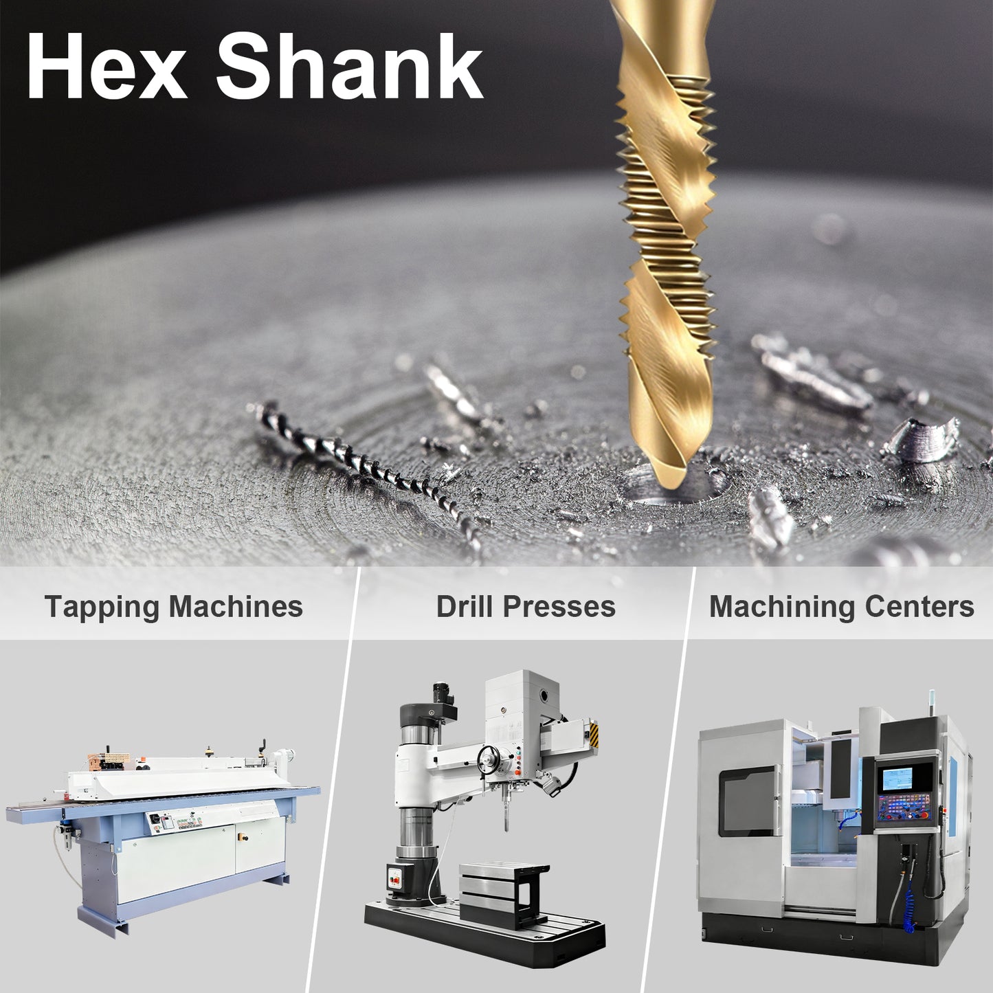 Hex Shank drill bit with applications on machines like tapping machines, drill presses, and machining centers.