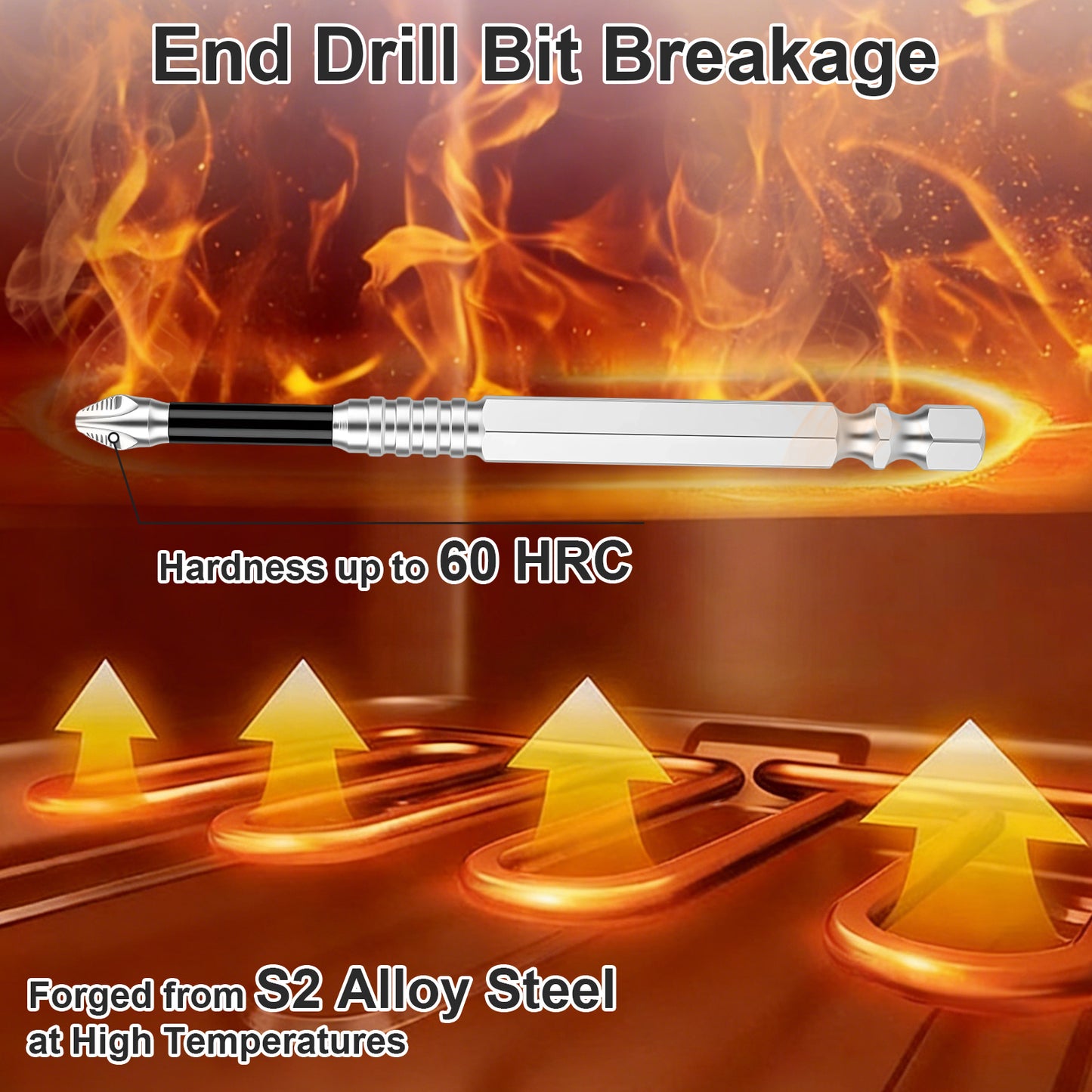 An end drill bit shown against a fiery orange and brown background with text reading 'End Drill Bit Breakage,' 'Hardness up to 60 HRC,' and 'Forged from S2 Alloy Steel at High Temperatures.'.