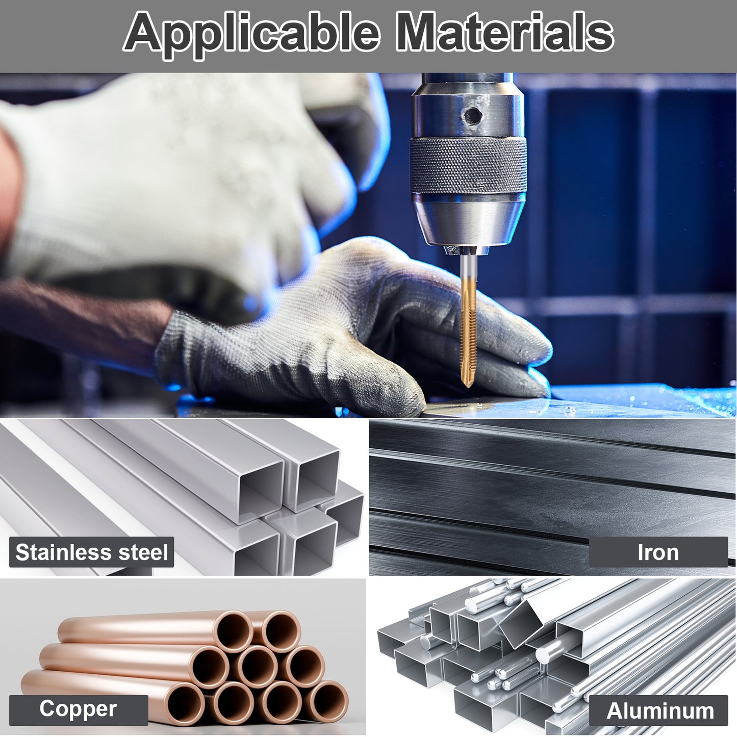 Collage of materials including stainless steel, iron, copper, and aluminum with a person using a drill.
