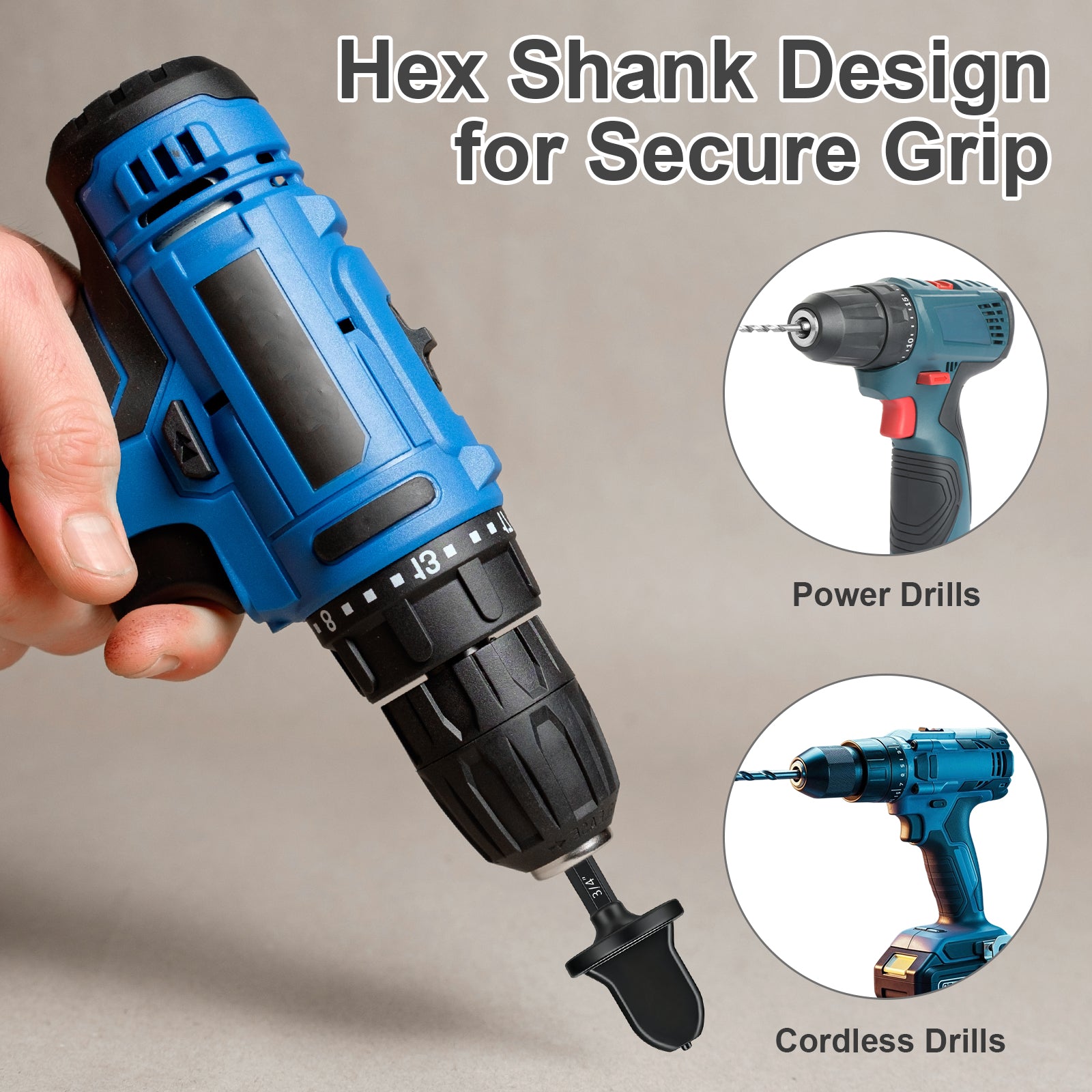 Blue power drill with hex shank design held by a hand, with insets showing power and cordless drills.