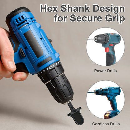 Blue power drill with hex shank design held by a hand, with insets showing power and cordless drills.