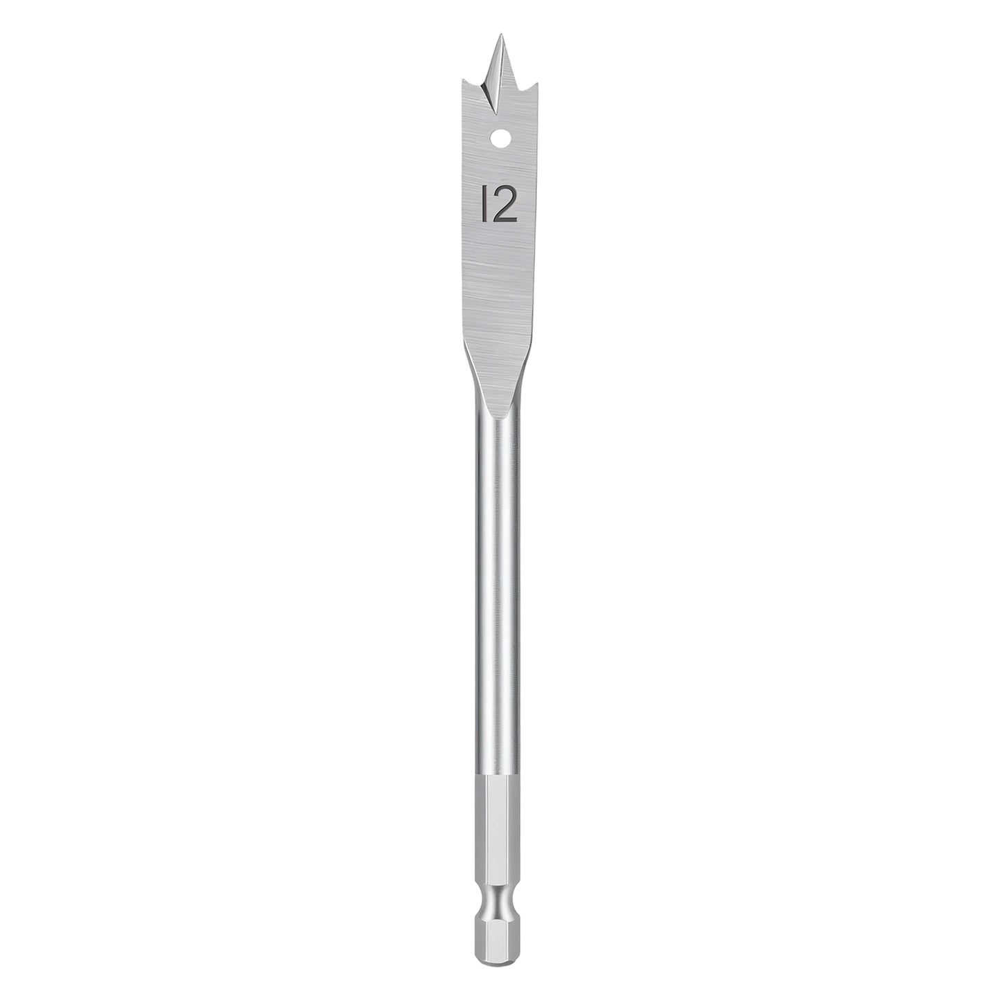 A silver metal spade drill bit with a brushed finish, featuring the size '12' printed on the blade, shown vertically against a plain white background.