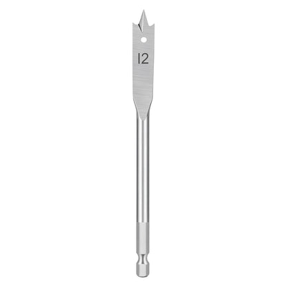 A silver metal spade drill bit with a brushed finish, featuring the size '12' printed on the blade, shown vertically against a plain white background.