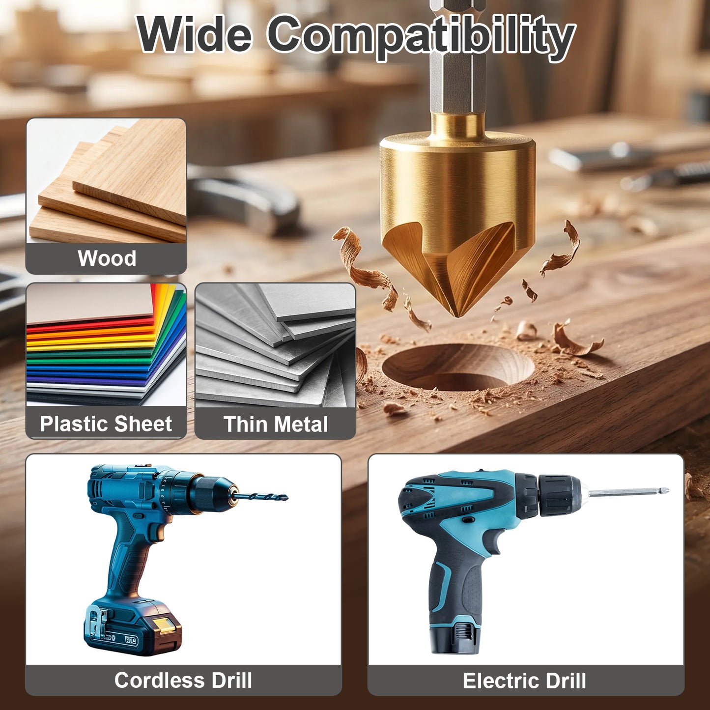 Drill bit with wood, plastic sheet, and thin metal samples, along with cordless and electric drills, on a wooden surface.