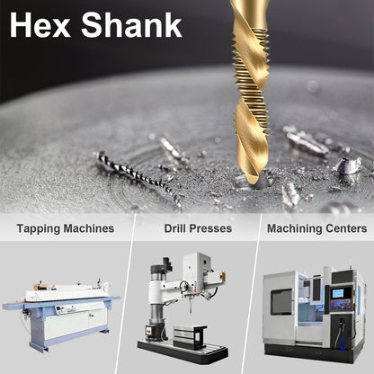 Hex Shank drill bit with applications on machines like tapping machines, drill presses, and machining centers.