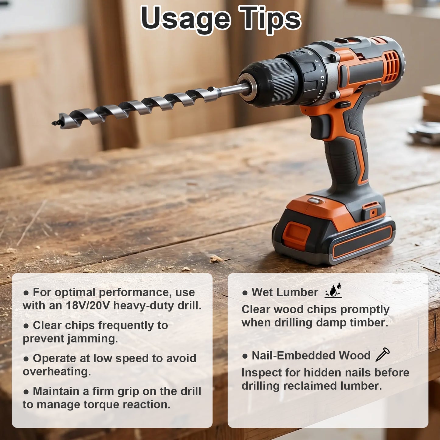 An orange and black cordless drill with a large wood-boring bit is shown on a wooden workbench under the heading 'Usage Tips.' Two white text boxes provide drilling instructions, including tips for wet lumber, clear wood chips, and nail-embedded wood.