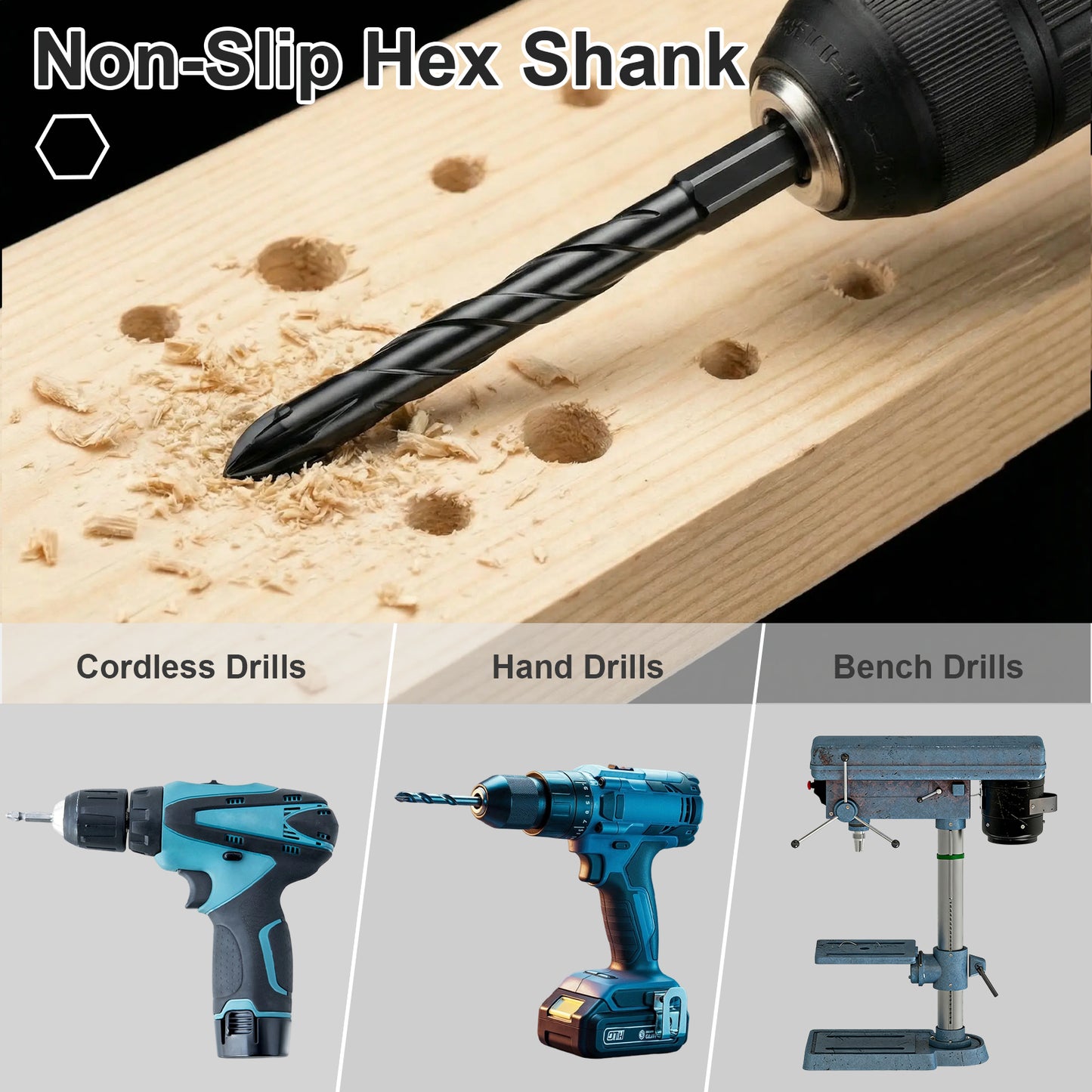 Non-slip hex shank drill bit on a wooden surface with various types of drills below.