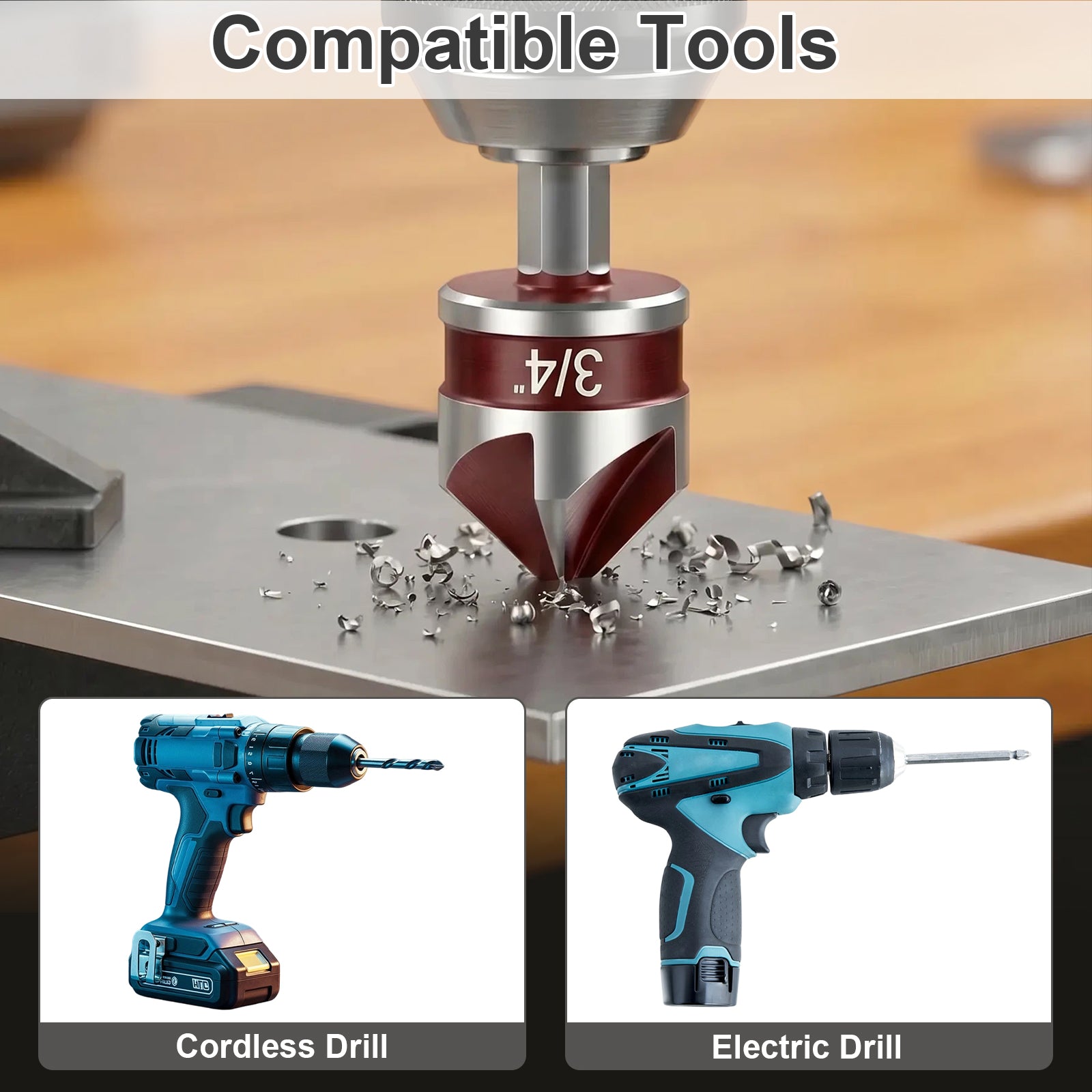 Router bit being used on a workbench with two drill images below.
