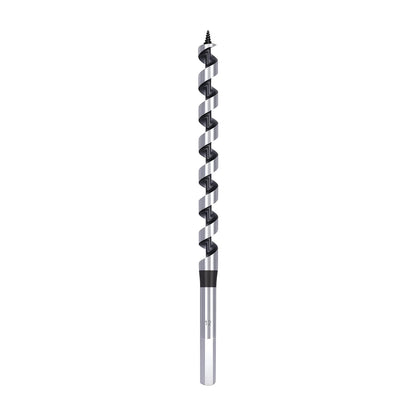 A single metal drill bit with a black and silver spiral pattern and a silver shank, shown vertically against a plain white background.