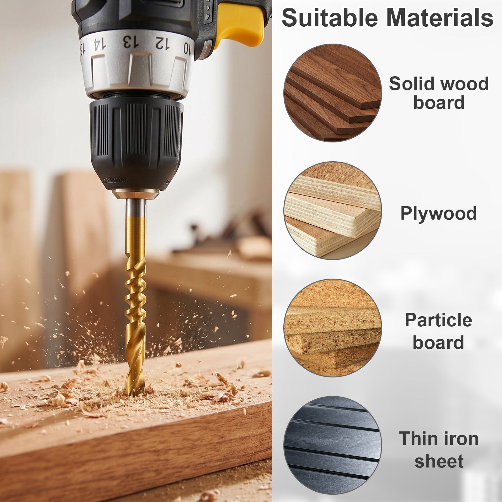 Drill bit drilling into wood with suitable materials listed on the side.