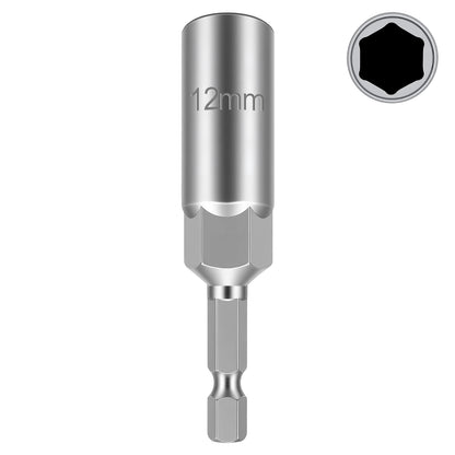 A silver metallic 12mm socket adapter tool with a hex shank, shown on a plain white background with a small inset circle in the top right displaying a black hexagonal socket opening.
