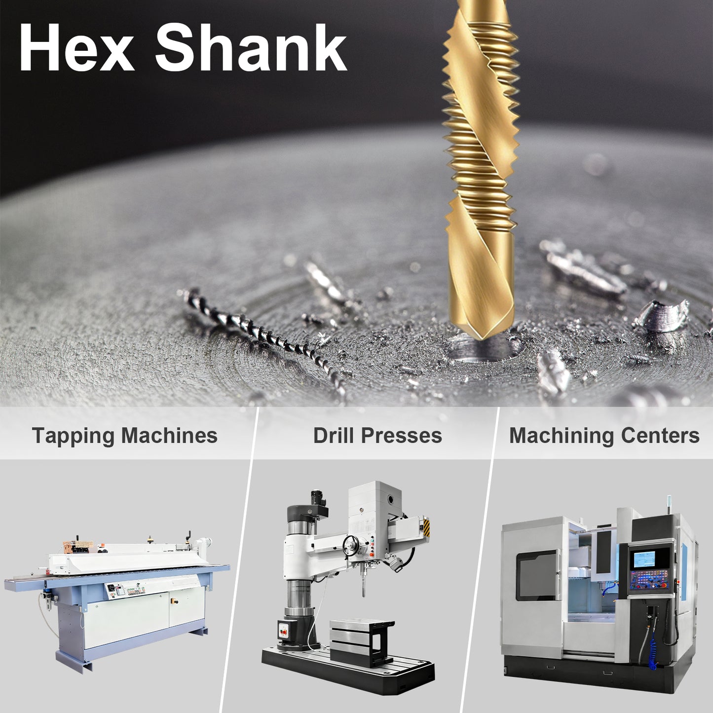 Hex Shank drill bit on a metal surface with machine illustrations below.