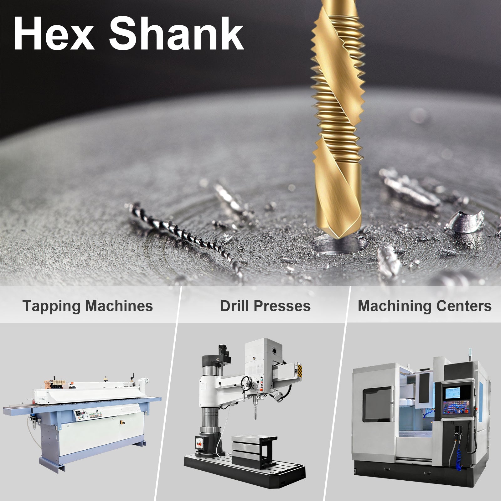 Hex Shank drill bit on a metal surface with machine illustrations below.