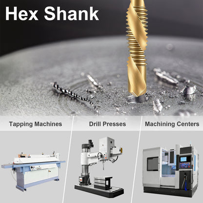 Hex Shank drill bit on a metal surface with machine illustrations below.