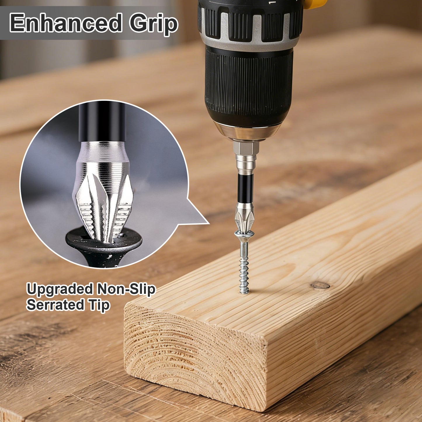 A close-up of a drill screwdriver driving a screw into a wooden board, with text reading 'Enhanced Grip' and an inset showing the upgraded serrated tip of the screwdriver.