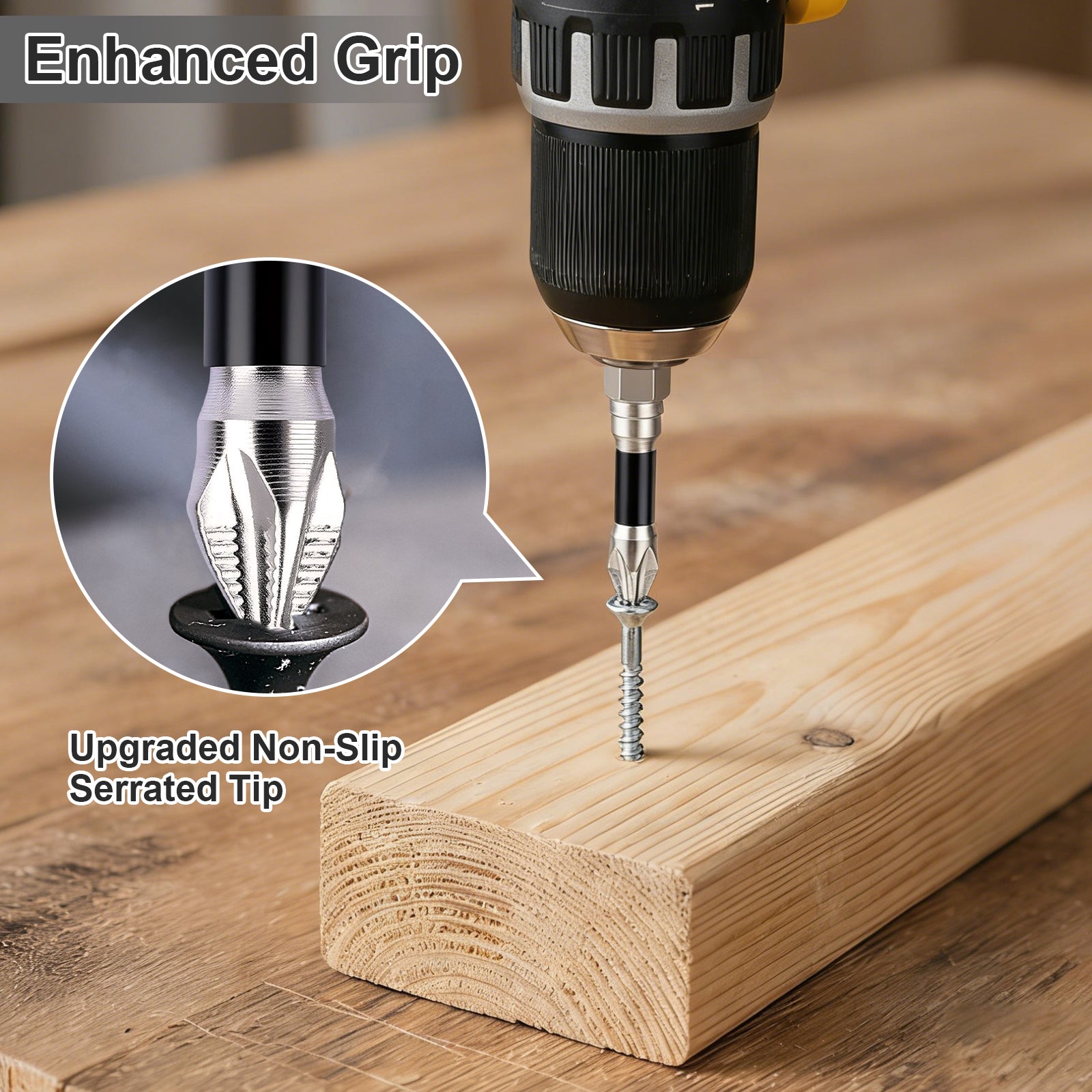 A close-up of a drill screwdriver driving a screw into a wooden board, with text reading 'Enhanced Grip' and an inset showing the upgraded serrated tip of the screwdriver.