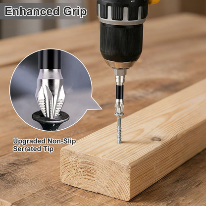 A close-up of a drill screwdriver driving a screw into a wooden board, with text reading 'Enhanced Grip' and an inset showing the upgraded serrated tip of the screwdriver.