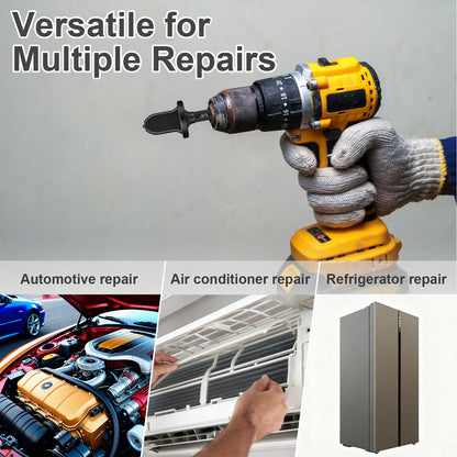 Hand holding a yellow drill with text 'Versatile for Multiple Repairs' above images of automotive, air conditioner, and refrigerator repair.