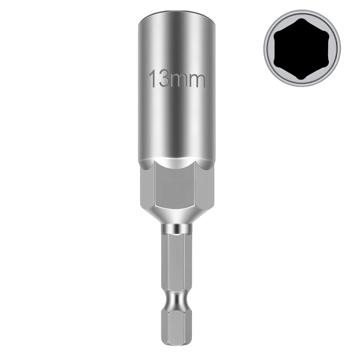 A silver metallic 13mm hex bit socket tool shown upright on a white background, with a circular inset at the top right showing the hex socket opening.