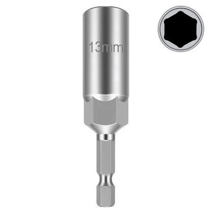 A silver metallic 13mm hex bit socket tool shown upright on a white background, with a circular inset at the top right showing the hex socket opening.