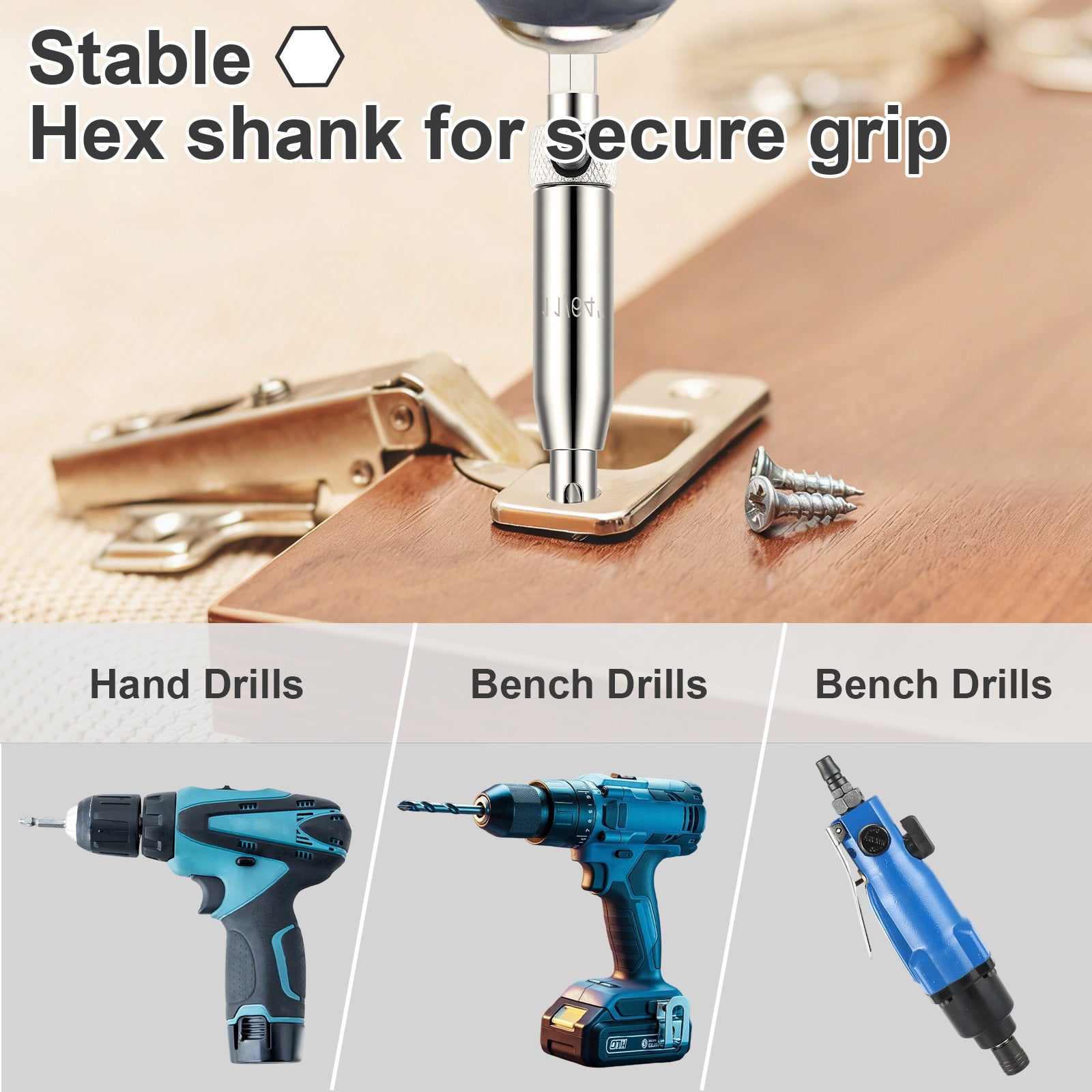 Hex shank tool with screws on a wooden surface, accompanied by images of hand drills and bench drills.