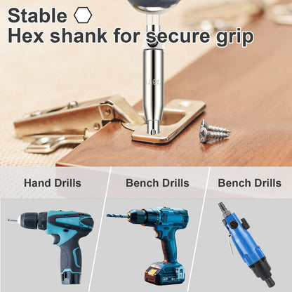 Hex shank tool with screws on a wooden surface, accompanied by images of hand drills and bench drills.