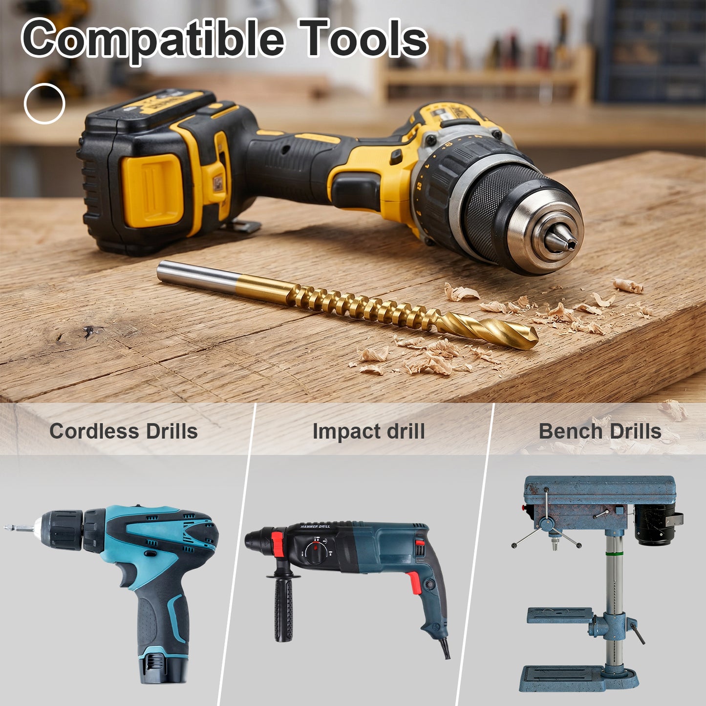 Electric drill with drill bit on a wooden surface, surrounded by images of different types of drills.