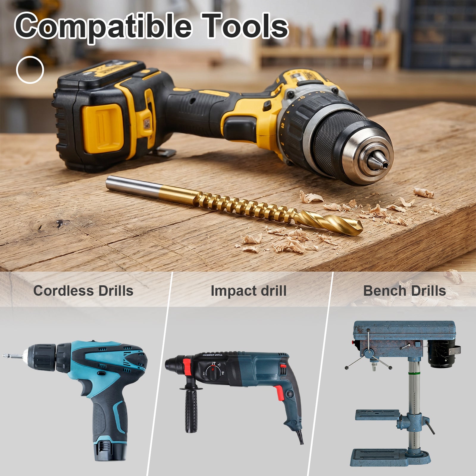 Electric drill with drill bit on a wooden surface, surrounded by images of different types of drills.