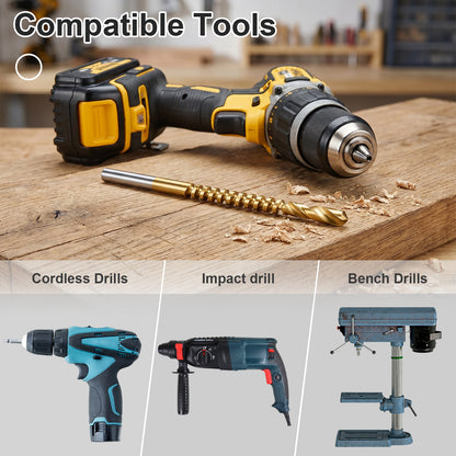 Electric drill with drill bit on a wooden surface, surrounded by images of different types of drills.