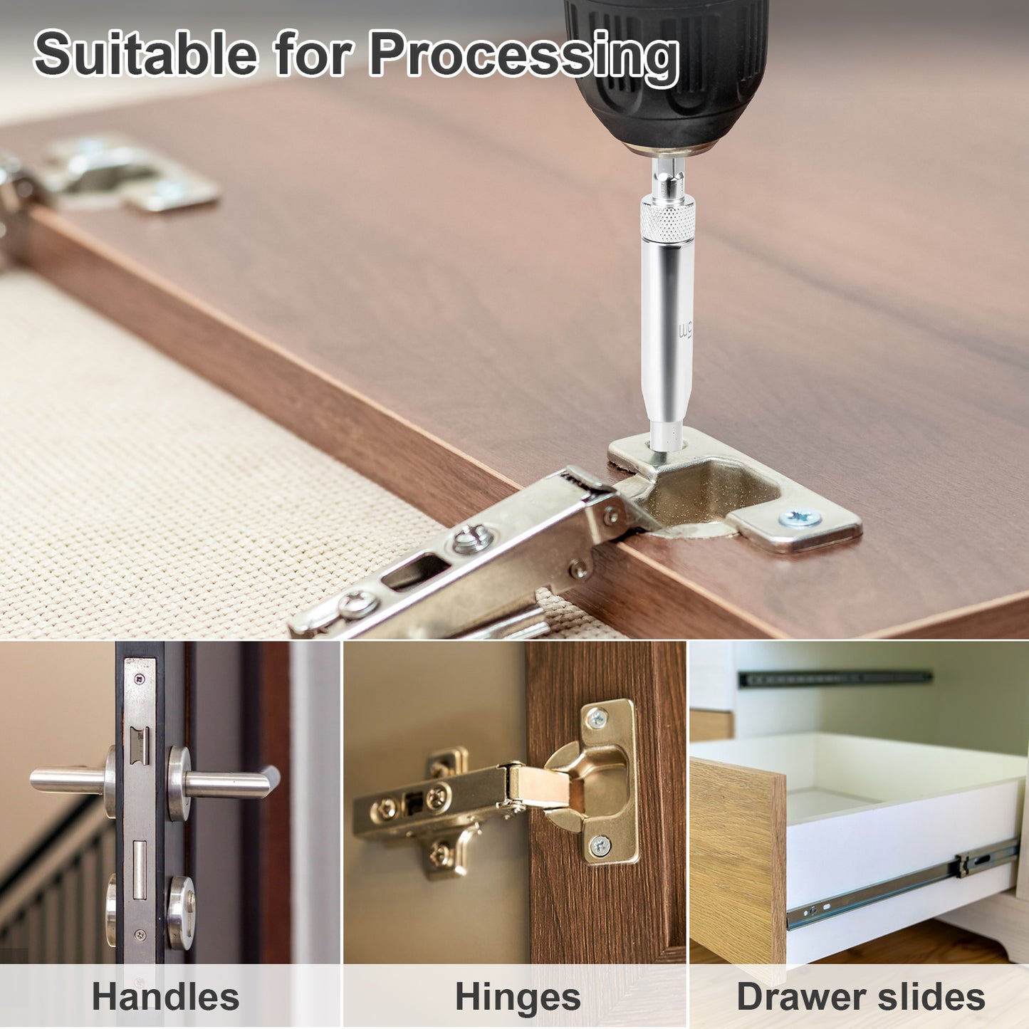 Collage of hardware components like handles, hinges, and drawer slides with text 'Suitable for Processing'.