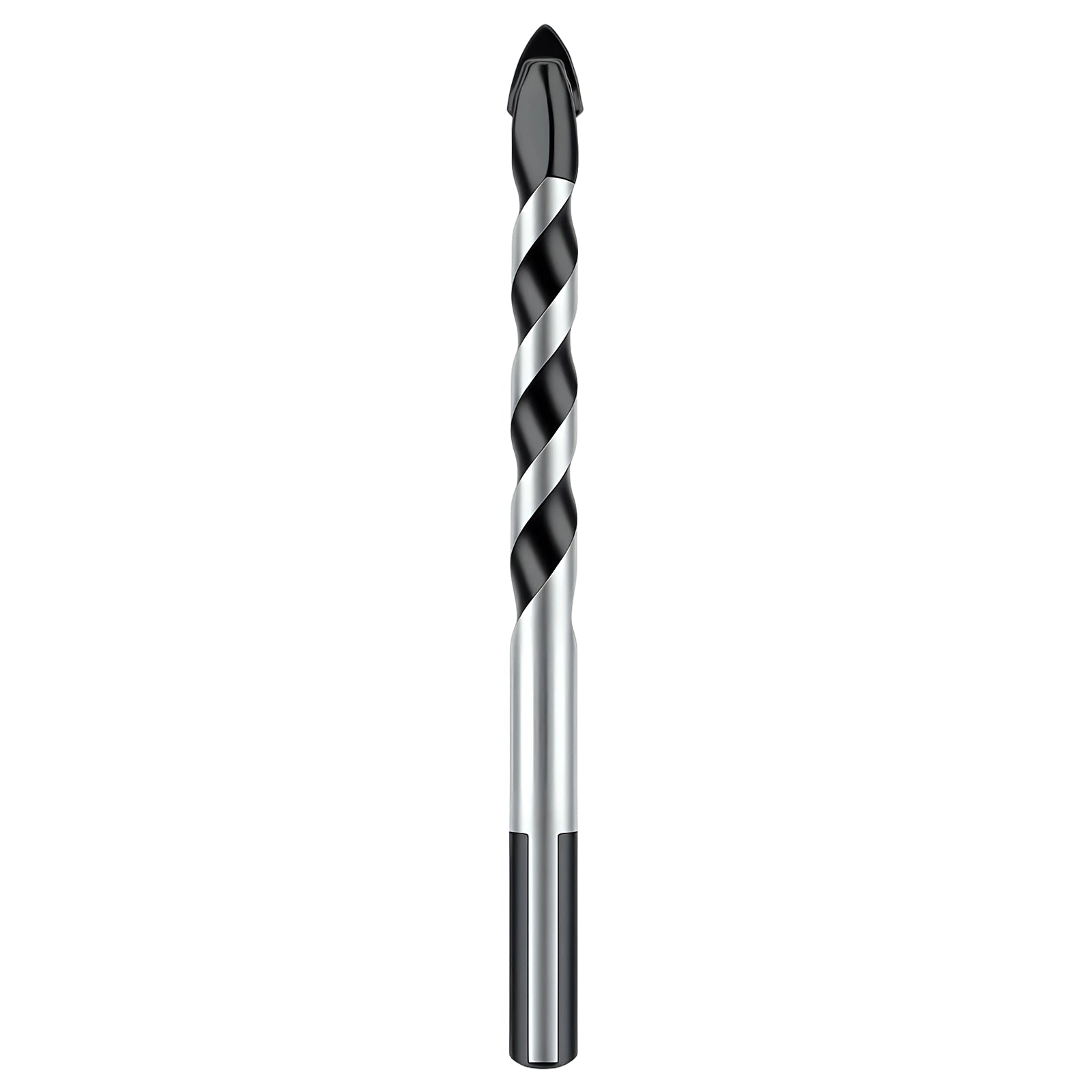 Drill bit with black and silver spiral design on a white background