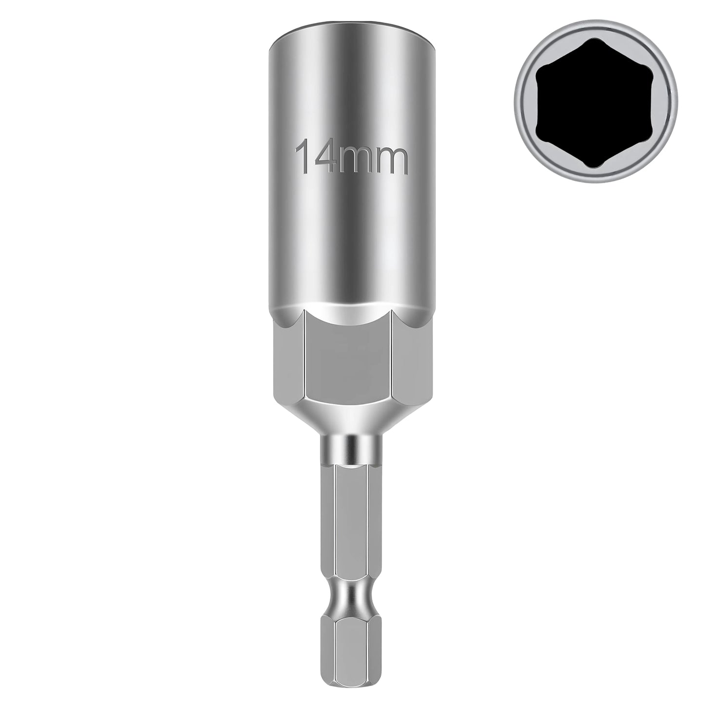 A metallic 14mm hex socket driver bit with a 1/4-inch shank, shown vertically on a white background with a circular inset illustrating the hexagonal socket opening.