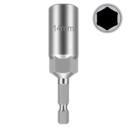 A metallic 14mm hex socket driver bit with a 1/4-inch shank, shown vertically on a white background with a circular inset illustrating the hexagonal socket opening.