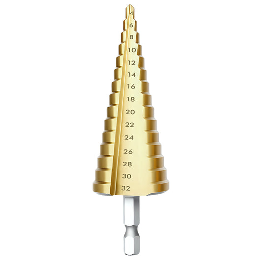 Gold step drill bit with size markings on a white background
