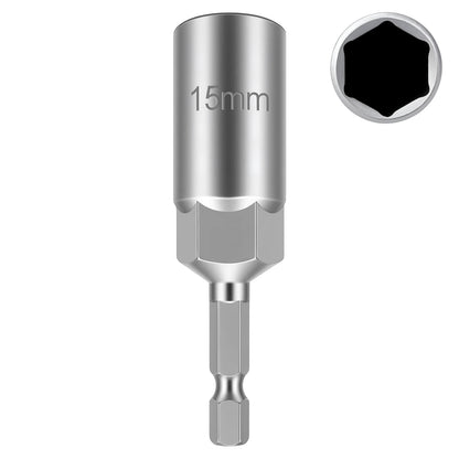 A 15mm socket adapter tool with a hex shank, shown on a plain white background with a circular inset illustrating the six-sided socket opening.