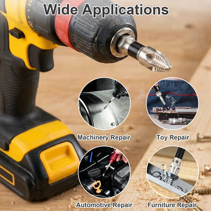 A cordless drill with a metal screwdriver bit shown on a wooden surface, with the text 'Wide Applications' and four circular inset photos labeled Machinery Repair, Toy Repair, Automotive Repair, and Furniture Repair.