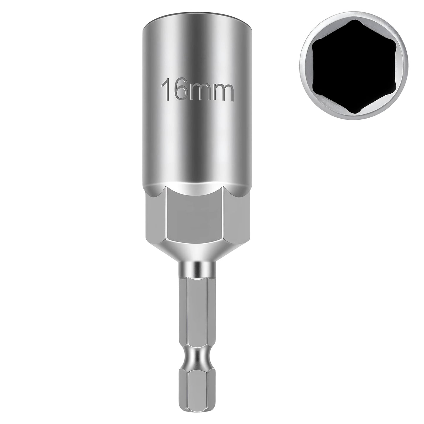 A silver metal socket adapter tool with '16mm' engraved on the side, shown vertically on a white background with a circular inset illustrating the hexagonal socket opening.