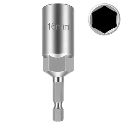 A silver metal socket adapter tool with '16mm' engraved on the side, shown vertically on a white background with a circular inset illustrating the hexagonal socket opening.