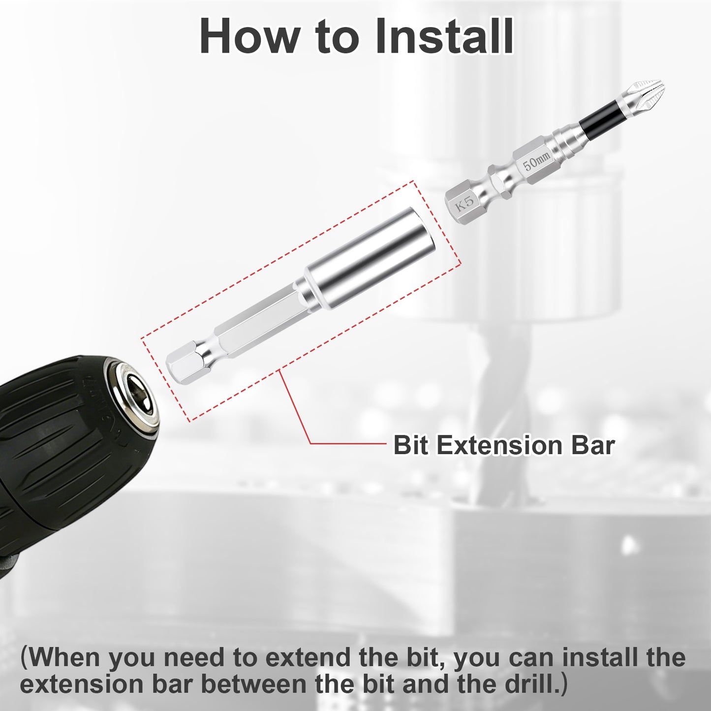 Instruction graphic showing how to install a bit extension bar on a drill. The image includes a drill bit, an extension bar, and text reading 'How to Install' and 'Bit Extension Bar' over a softly blurred background.