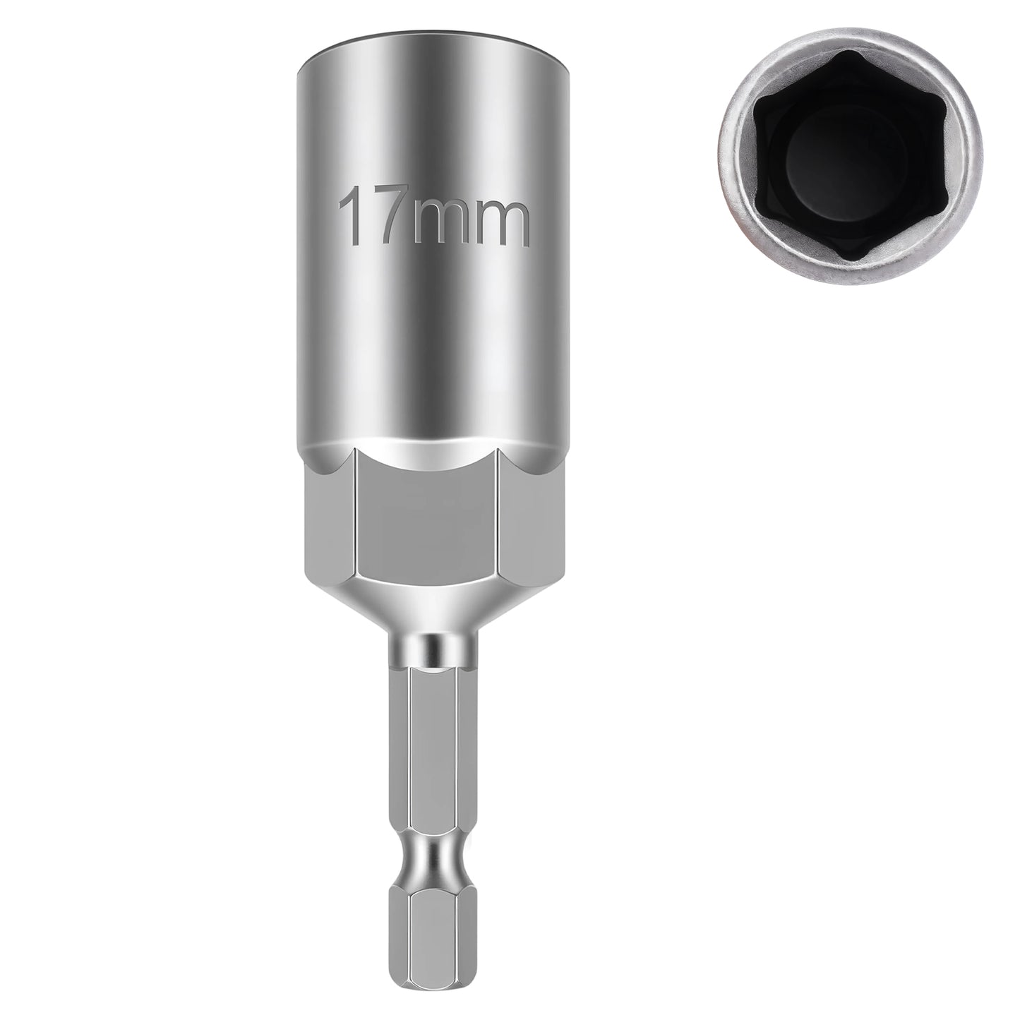 A metallic 17mm hex socket socket adapter tool with a bit end, shown on a plain white background with a circular inset detail of the socket opening.