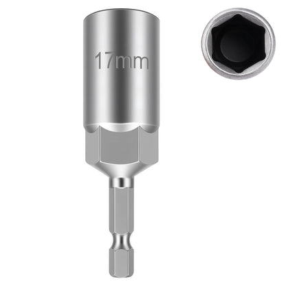A metallic 17mm hex socket socket adapter tool with a bit end, shown on a plain white background with a circular inset detail of the socket opening.