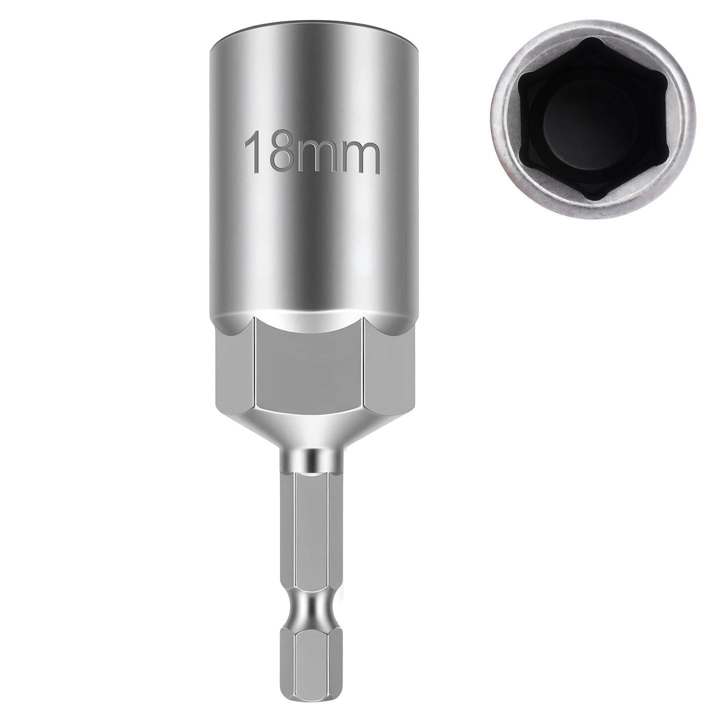 A silver metallic 18mm hex socket bit adapter with a star drive end, shown alongside a circular inset detail of the six-point star socket opening on a plain white background.