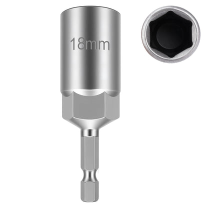 A silver metallic 18mm hex socket bit adapter with a star drive end, shown alongside a circular inset detail of the six-point star socket opening on a plain white background.