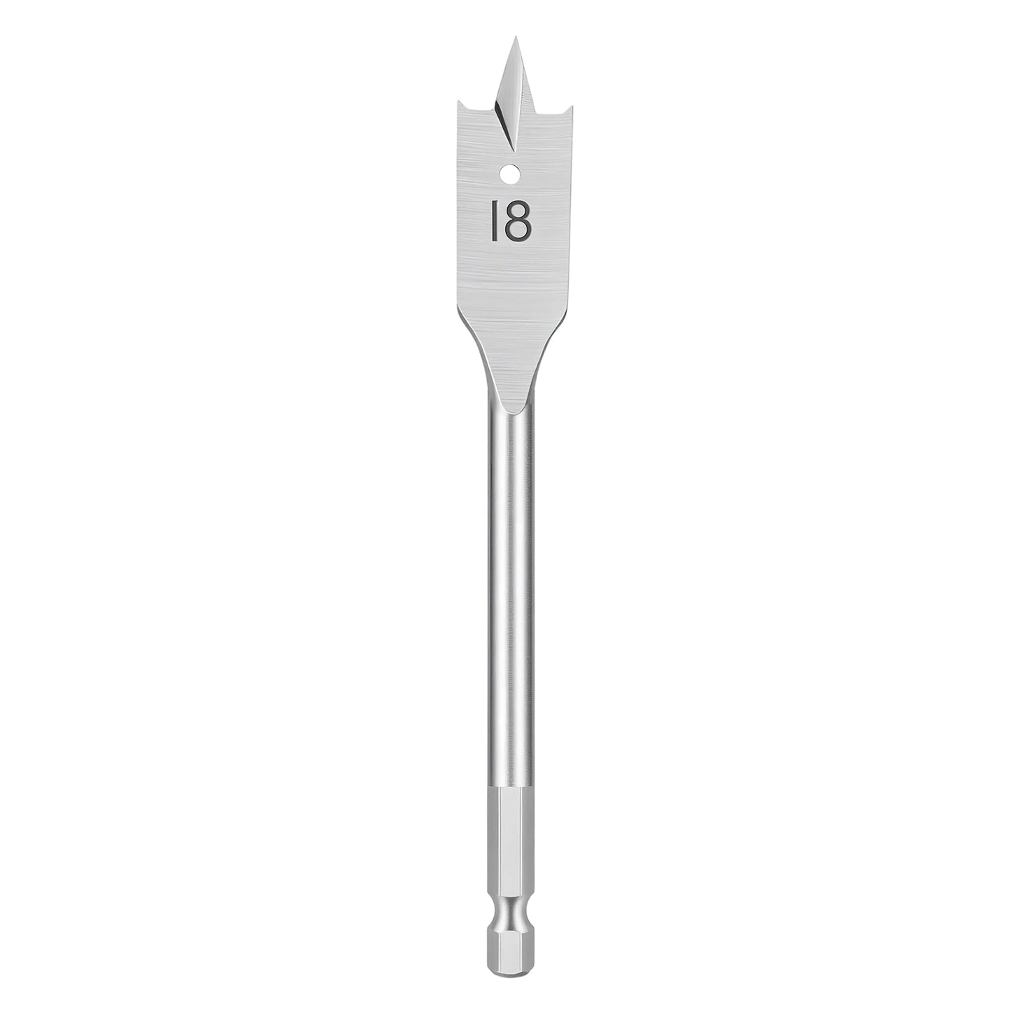 A silver metal 18-inch spade drill bit with a flat shank, shown vertically against a plain white background.