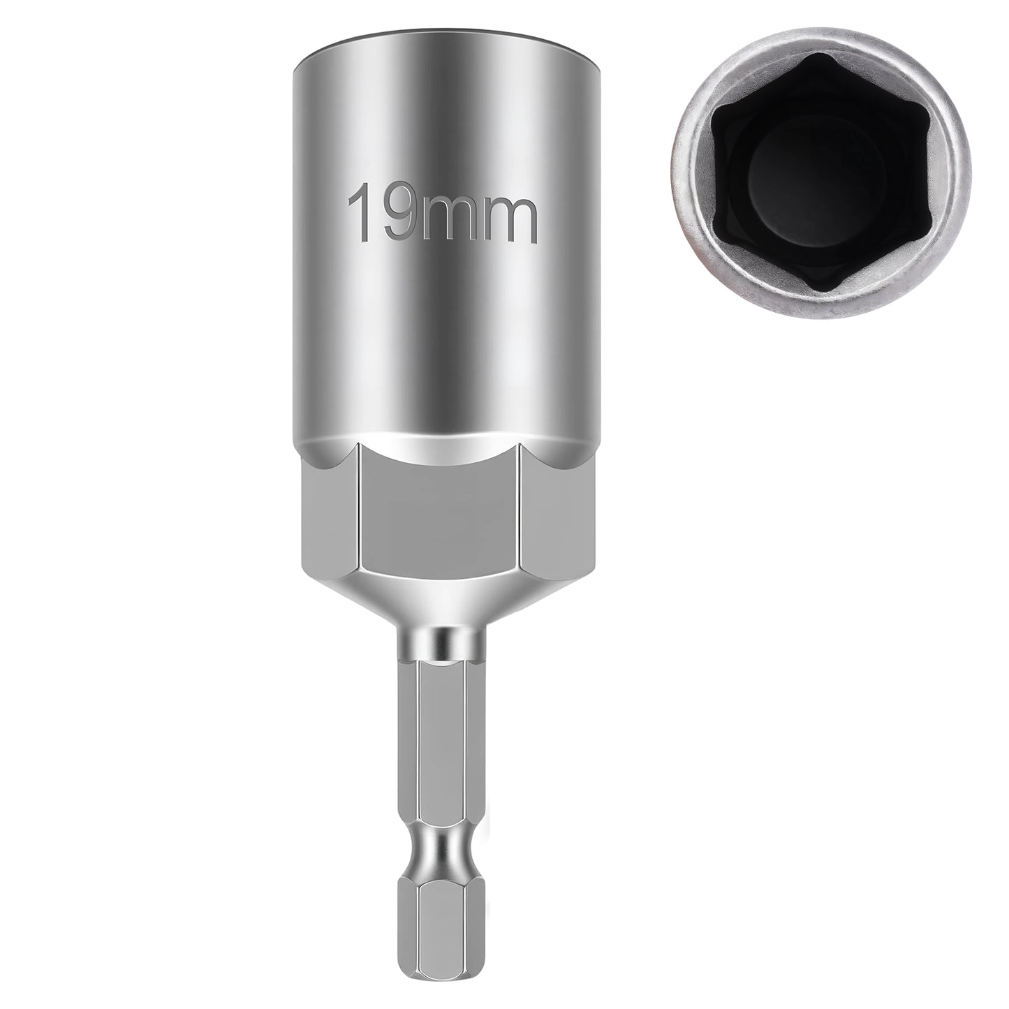 A 19mm hex socket impact driver bit adapter with a silver metallic finish, featuring a main socket body with '19mm' printed on it and a separate inset showing the internal hexagonal socket opening.