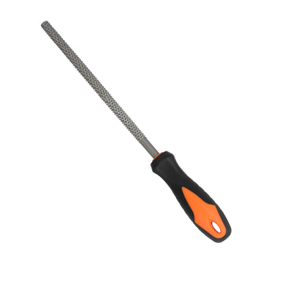 Metal file with black and orange handle on a white background