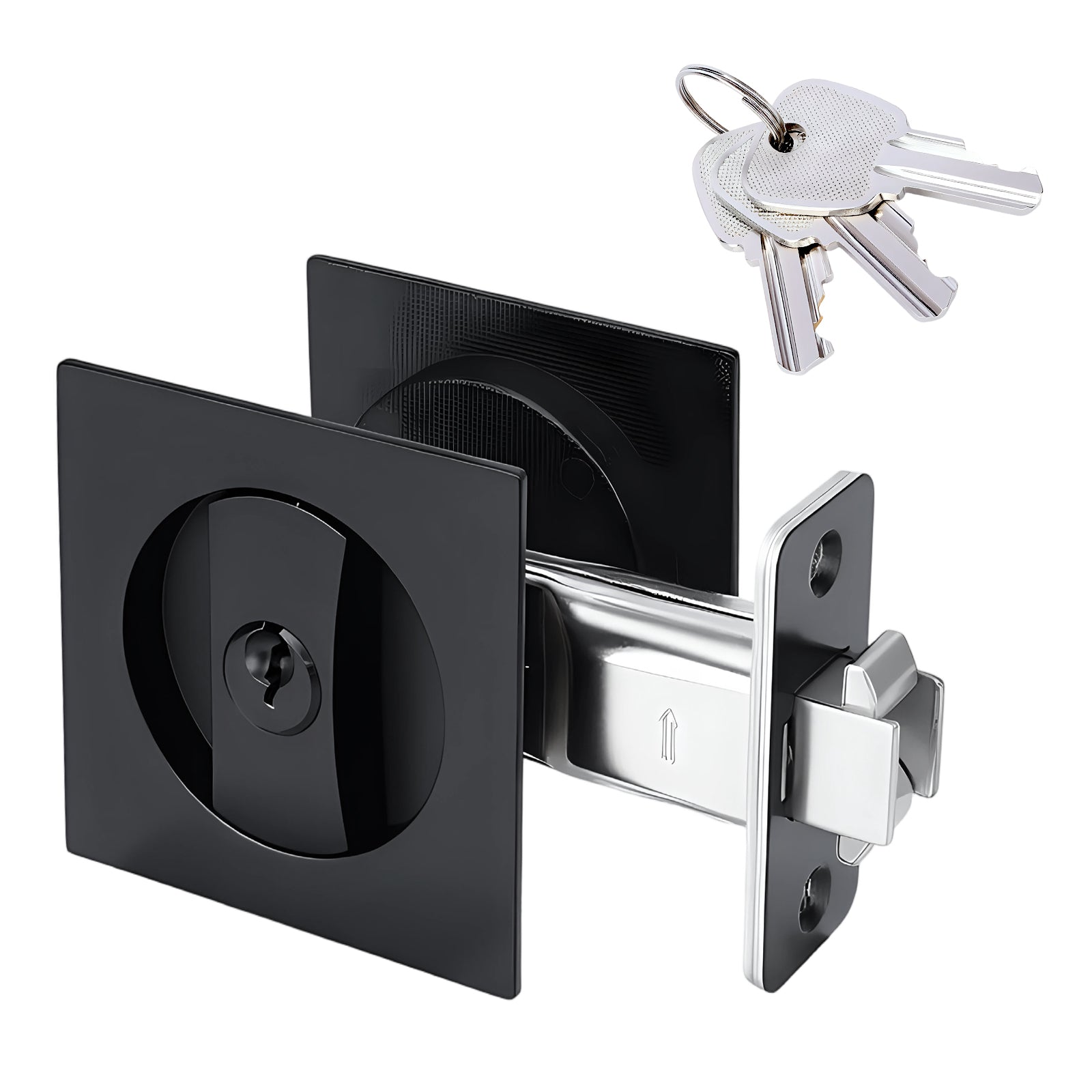 Black door lock mechanism with keys on a white background